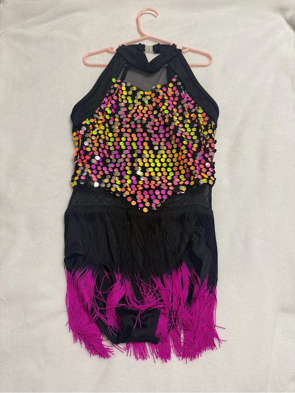 Girls Black Dance Costume with Neon Sequin Top & Magenta Fringe